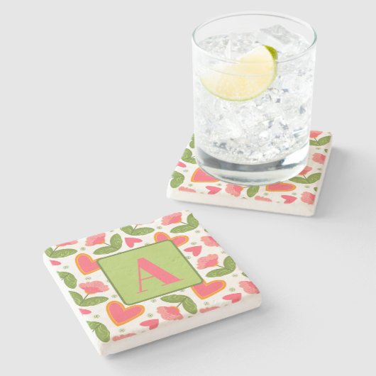 Hübsches Muster des rosa, floralen Herzens Steinuntersetzer (Seitenansicht)