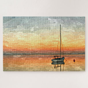 Hübsches Orange Blue Sunset Sailboat Watercolor A Puzzle