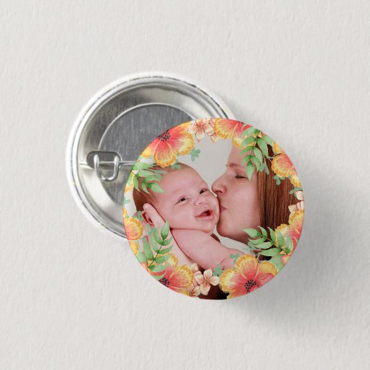 Hübsches Orange Floral Custom Foto Button (Vorne & Hinten)