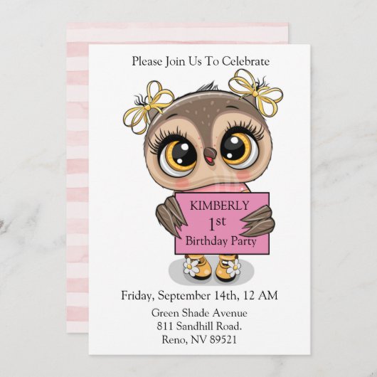 Hübsches Owl Geburtstag Einladung (Vorne/Hinten)