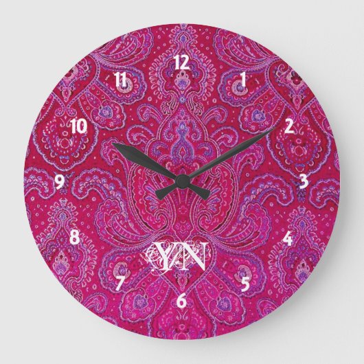 Hübsches Paisley-Monogramm Große Wanduhr (Vorderseite)