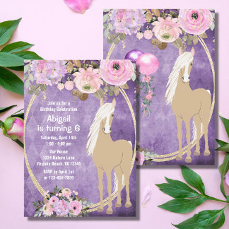 Hübsches Palomino Rosa Lila Blumen Pferd Geburtsta Einladung