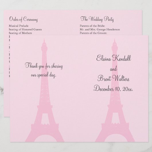 Hübsches Pariser Hochzeitsprogramm (Vorne/Hinten)