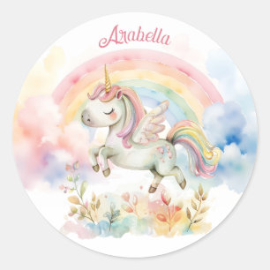 Hübsches Pastell-Einhorn und Regenbogen Runder Aufkleber