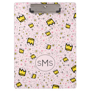 Hübsches Pastell-Rosa-Kronen-Doodle-Muster-Monogra Klemmbrett