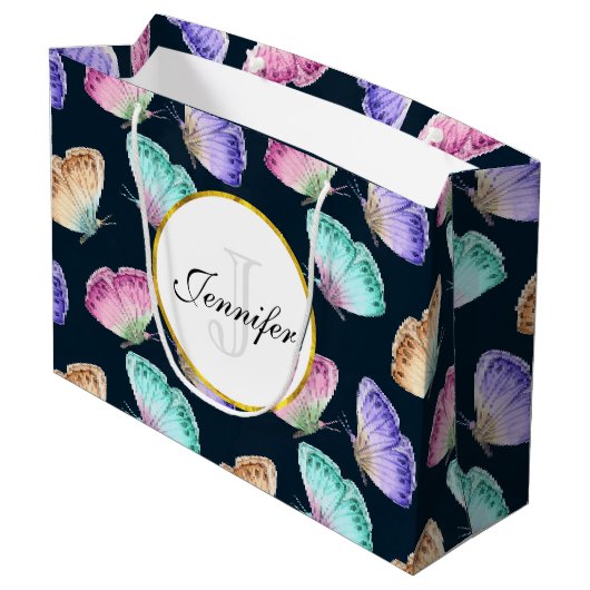 Hübsches Pastell-Watercolor-Schmetterlingsmuster Große Geschenktüte (Rückseite Schrägansicht)
