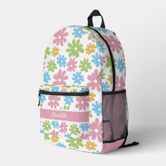 Hübsches Pastellblau Rosa Grünes Blumenmuster Bedruckter Rucksack (Rückseitige Ecke Rechts)