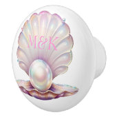Hübsches Perlmuttpearl Clamshell Pink Monogramm Keramikknauf (Rechts)