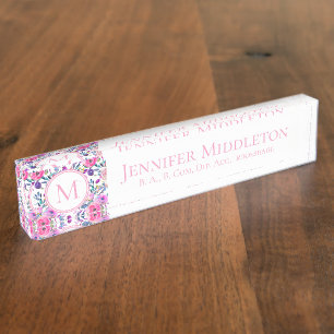 Hübsches Personalisiert rosa Floral Monogramm Namensplakette
