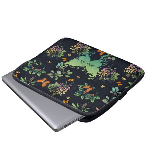 Hübsches Personalisiertes dunkles Floral Butterfly Laptopschutzhülle (Vorne Knopf)