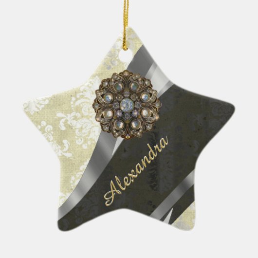 Hübsches personalisiertes girly Sahnedamastmuster Keramikornament (Vorne)