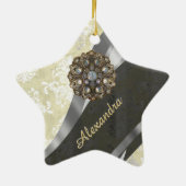 Hübsches personalisiertes girly Sahnedamastmuster Keramikornament (Hinten)