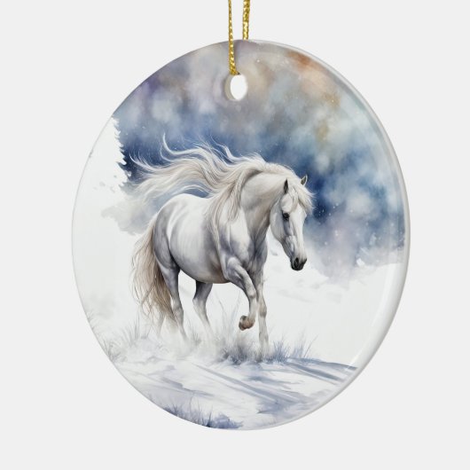 Hübsches Pferd im Schnee Weihnachten Keramik Ornament (Links)