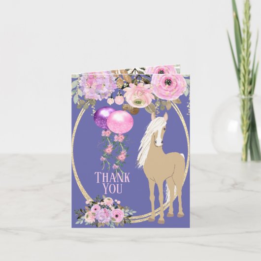 Hübsches Pferd mit Blume Pink und Periwinkle Dankeskarte (Vorderseite)