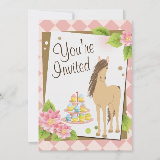 Hübsches Pferd, rosa Blume und Cupcakes zum Geburt Einladung (Vorderseite)