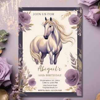 Hübsches Pferd und Blume Lila und Gold zum Geburts Einladung