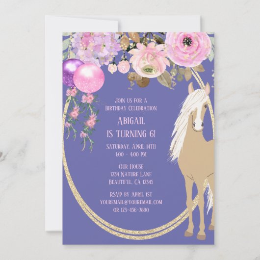 Hübsches Pferd und Blume Pink Periwinkle Geburtsta Einladung (Rückseite)