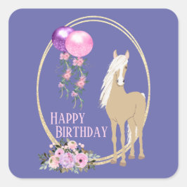 Hübsches Pferd und Blume Pink Periwinkle Geburtsta Quadratischer Aufkleber