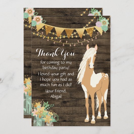 Hübsches Pferd und Blume Rustikales Holz Dankeskarte (Vorne/Hinten)