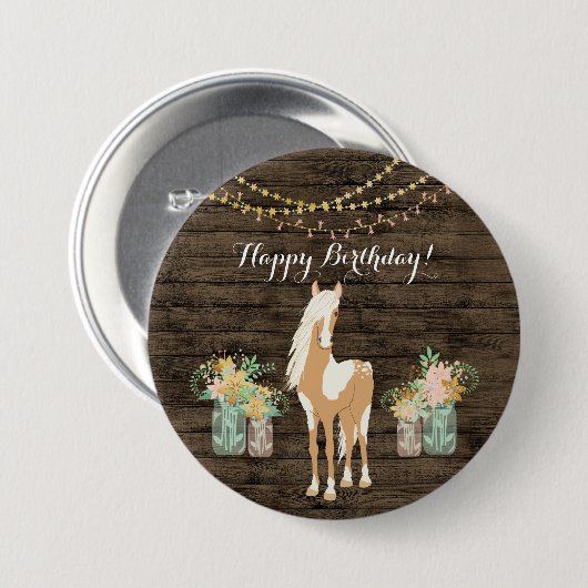 Hübsches Pferd und Blume Rustikales Holz Geburtsta Button (Vorne & Hinten)