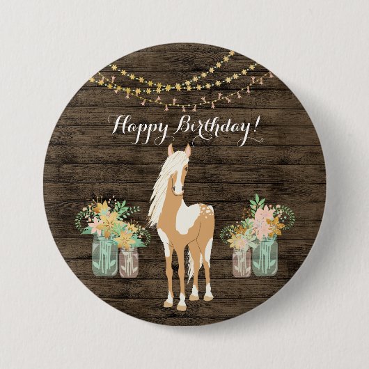 Hübsches Pferd und Blume Rustikales Holz Geburtsta Button (Vorderseite)