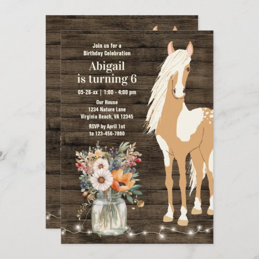 Hübsches Pferd und Blume Rustikales Holz Geburtsta Einladung (Vorne/Hinten)