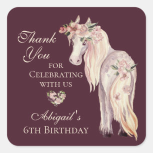 Hübsches Pferd und Blumenpony Danke Geburtstag Quadratischer Aufkleber