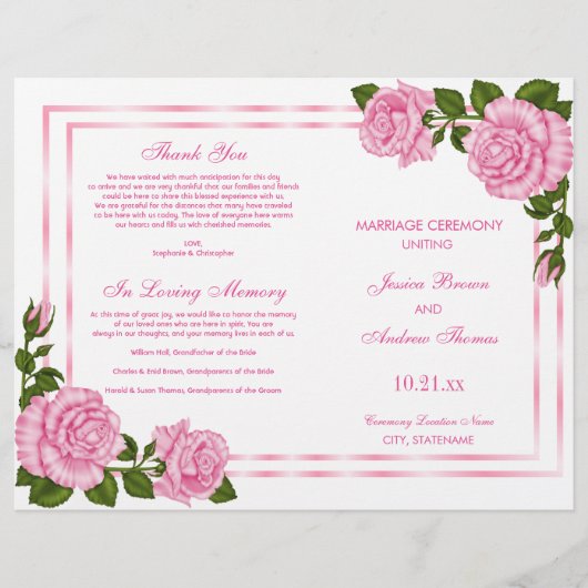 Hübsches Pink Corner Bouquets Hochzeitsprogramm (Vorderseite)