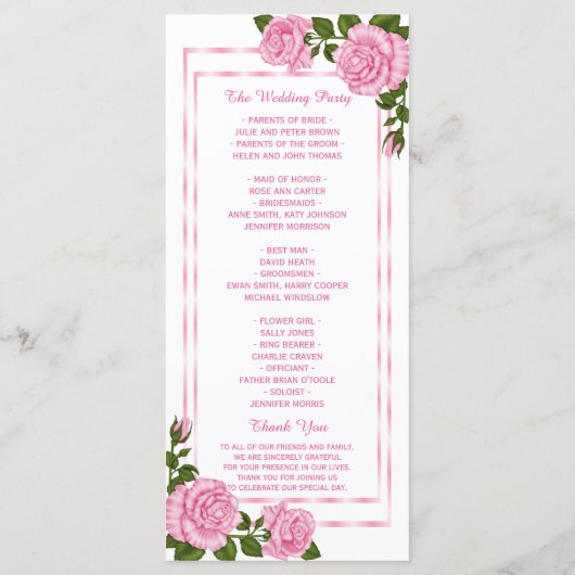 Hübsches Pink Corner Bouquets Hochzeitsprogramm Programm (Rückseite)