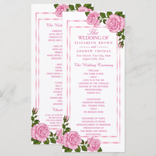 Hübsches Pink Corner Bouquets Hochzeitsprogramm Programm (Vorne/Hinten)