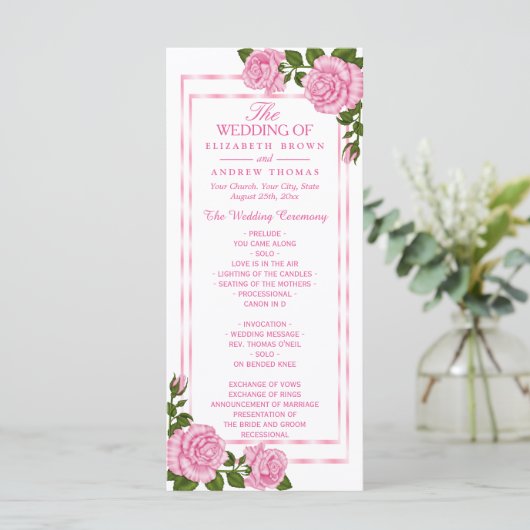 Hübsches Pink Corner Bouquets Hochzeitsprogramm Programm (Stehend Vorderseite)