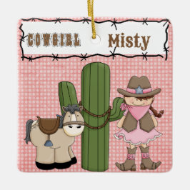 Hübsches Pink Cowgirl (braunes Haar) und Pony-2-Se Keramikornament