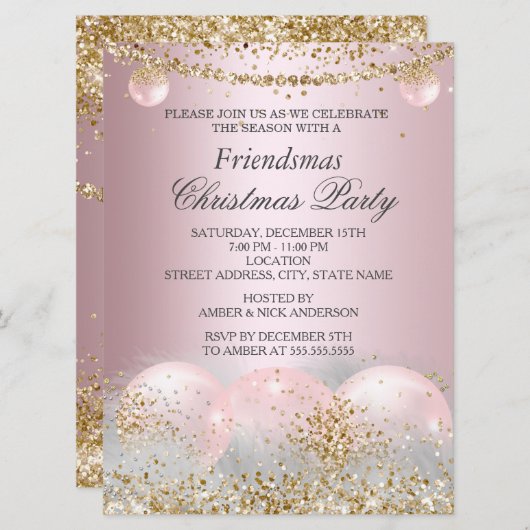 Hübsches Pink Gold Bauble Friendsmas Weihnachtsfes Einladung (Vorne/Hinten)