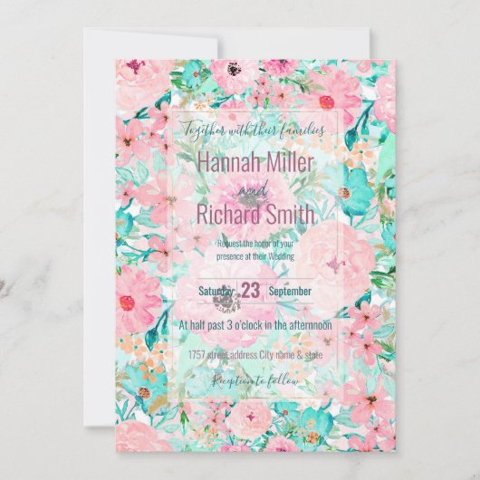 Hübsches Pink & Minze Aquarell Handfarbe Einladung (Vorderseite)