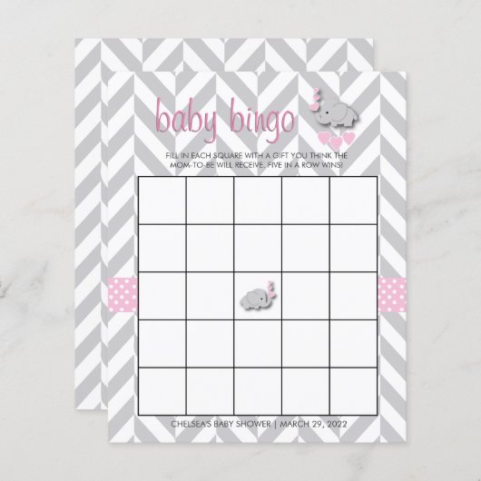 Hübsches Pink und Grau Elephant Baby Shower Bingo (Vorne/Hinten)