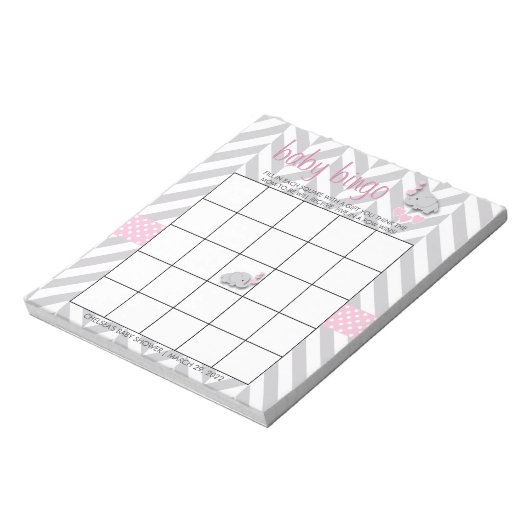 Hübsches Pink und Grau Elephant Baby Shower Bingo Notizblock (Rotiert)
