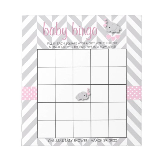 Hübsches Pink und Grau Elephant Baby Shower Bingo Notizblock (Vorderseite)