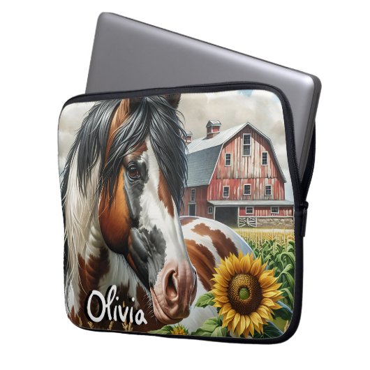 Hübsches Pinto Brown und Weißpferd auf rustikaler  Laptopschutzhülle (Vorderseite Links)