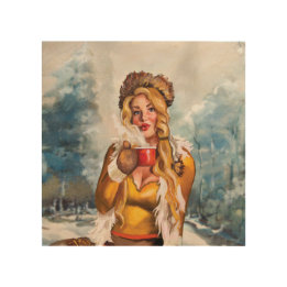 Hübsches Pinup Girl trinkt heißen Tee oder Kaffee Holzdruck