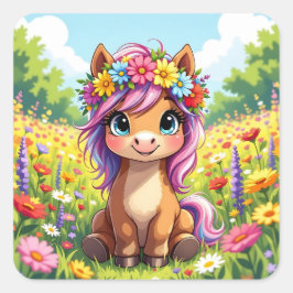 Hübsches Pony mit Blume Quadratischer Aufkleber