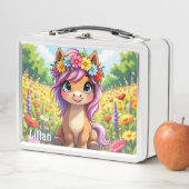 Hübsches Pony mit Personalisierten Blume Metall Brotdose (Beispiel)