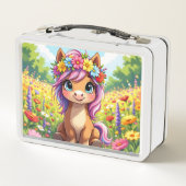 Hübsches Pony mit Personalisierten Blume Metall Brotdose (Rückseite)