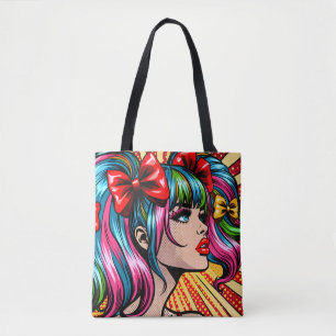Hübsches Pop-Art-Comic-Mädchen Farbige KI-Kunst Tasche