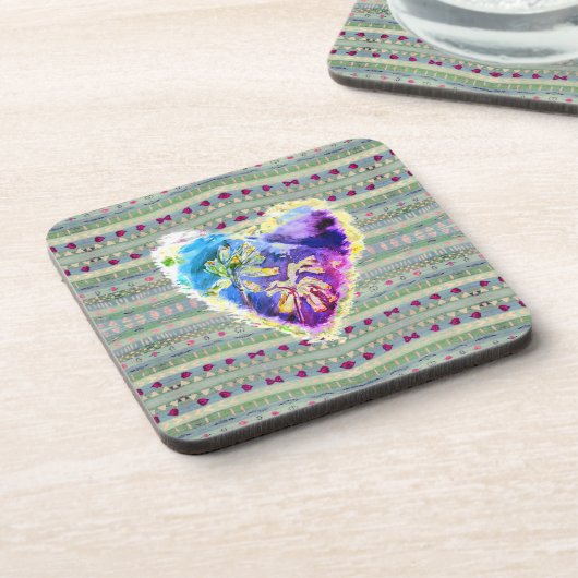 Hübsches Primula Herzmuster in Lila & grün Getränkeuntersetzer (Linke Seite)