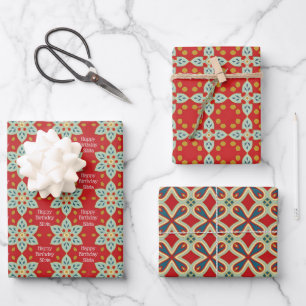 Hübsches Red Happy Birthday Add Name Pattern 3 Geschenkpapier Set