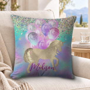 Hübsches Regenbogen-Einhorn-Glitter-Ballon-Monogra Kissen