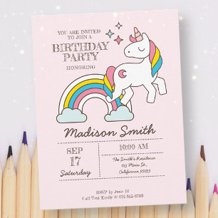 Hübsches Regenbogen Einhorn und Glitzer Geburtstag Einladungspostkarte