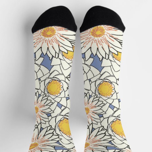 Hübsches Retro-Blumenmuster blauer Hintergrund Socken (Oben)