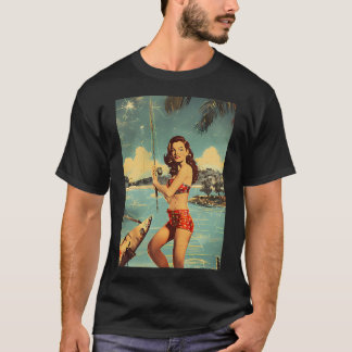 Hübsches Retro-Mädchen beim Fischen T-Shirt