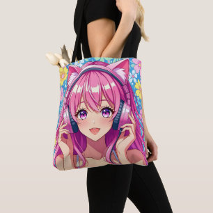 Hübsches rosa Anime-Mädchen mit Kopfhörern Tasche